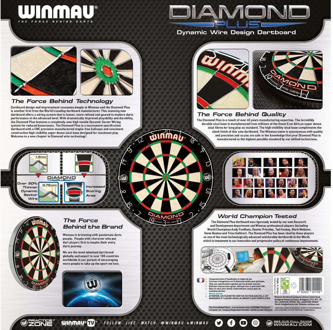 Winmau Diamond Plus Tournament Bristle Dartboard  StapleFree Bullseye 