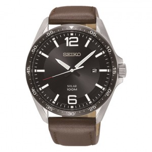 Seiko Men's Solar Powered Watch with Black Dial & Brown Leather Strap