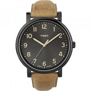 Timex - Mens Oversized Brown Leather Strap Watch with Black Dial